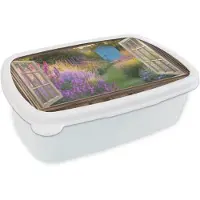 MuchoWow Broodtrommel Wit - Lunchbox Doorkijk - Bloemen - Raam - Natuur - Brooddoos 18x12x6 cm - Brood lunch box - Broodtrommels voor kinderen en volwassenen