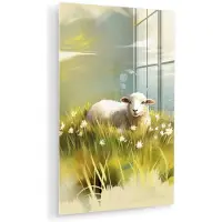 MuchoWow Glasschilderij 80x120 cm - Schilderij acrylglas - Schaap - Weide - Groen - Foto op glas - Muurdecoratie woonkamer - Wanddecoratie slaapkamer - Schilderijen