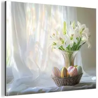 MuchoWow Aluminium schilderij 160x120 cm - Wanddecoratie metaal - Vaas - Eieren - Bloemen - Metalen muurdecoratie woonkamer - Decoratie industrieel - Foto op dibond - Industriële accessoires slaapkamer