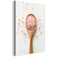 MuchoWow Aluminium schilderij 30x40 cm - Wanddecoratie metaal - Lepel - Zout - Roze - Metalen muurdecoratie woonkamer - Decoratie industrieel - Foto op dibond - Industriële accessoires slaapkamer