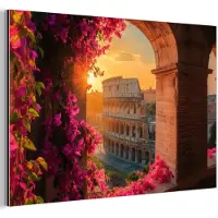 MuchoWow Aluminium schilderij 180x120 cm - Wanddecoratie metaal - Colosseum - Rome - Roze Bloemen - Metalen muurdecoratie woonkamer - Decoratie industrieel - Foto op dibond - Industriële accessoires slaapkamer