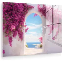 MuchoWow Glasschilderij 120x90 cm - Schilderij acrylglas - Zee - Roze - Bloemen - Poort - Foto op glas - Muurdecoratie woonkamer - Wanddecoratie slaapkamer - Schilderijen