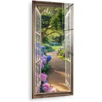 MuchoWow Glasschilderij 40x80 cm - Schilderij acrylglas - Doorkijk - Tuin - Raam - Hortensia - Bloemen - Foto op glas - Muurdecoratie woonkamer - Wanddecoratie slaapkamer - Schilderijen