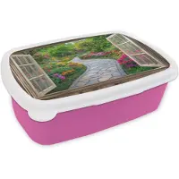 MuchoWow Broodtrommel Roze - Lunchbox Doorkijk - Bloemen - Tuinpad - Natuur - Raam - Brooddoos 18x12x6 cm - Brood lunch box - Broodtrommels voor kinderen en volwassenen