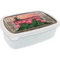 MuchoWow Broodtrommel Wit - Lunchbox Doorkijk - Tulpen - Bloemen - Molen - Raam - Brooddoos 18x12x6 cm - Brood lunch box - Broodtrommels voor kinderen en volwassenen