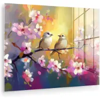 MuchoWow Glasschilderij 40x30 cm - Schilderij acrylglas - Vogels - Bloemen - Roze - Foto op glas - Muurdecoratie woonkamer - Wanddecoratie slaapkamer - Schilderijen
