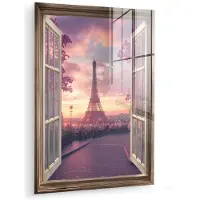 MuchoWow Glasschilderij 30x40 cm - Schilderij acrylglas - Doorkijk - Parijs - Eiffeltoren - Roze - Kersenbloesem - Foto op glas - Muurdecoratie woonkamer - Wanddecoratie slaapkamer - Schilderijen