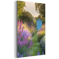 MuchoWow Aluminium schilderij 80x120 cm - Wanddecoratie metaal - Tuinhuisje - Blauw - Bloemen - Metalen muurdecoratie woonkamer - Decoratie industrieel - Foto op dibond - Industriële accessoires slaapkamer