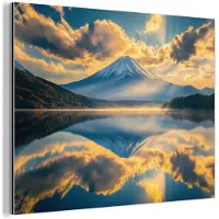 MuchoWow Aluminium schilderij 120x90 cm - Wanddecoratie metaal - Berg - Rivier - Zonsondergang - Metalen muurdecoratie woonkamer - Decoratie industrieel - Foto op dibond - Industriële accessoires slaapkamer