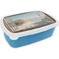 MuchoWow Broodtrommel Blauw - Lunchbox Doorkijk - Helmgras - Duinen - Zee - Landschap - Brooddoos 18x12x6 cm - Brood lunch box - Broodtrommels voor kinderen en volwassenen