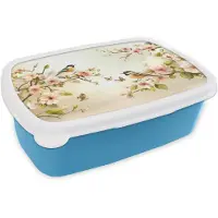 MuchoWow Broodtrommel Blauw - Lunchbox Takken - Bloemen - Vogeltjes - Roze - Brooddoos 18x12x6 cm - Brood lunch box - Broodtrommels voor kinderen en volwassenen