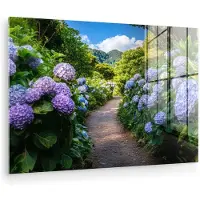 MuchoWow Glasschilderij 120x80 cm - Schilderij acrylglas - Hortsensia - Pad - Bloemen - Foto op glas - Muurdecoratie woonkamer - Wanddecoratie slaapkamer - Schilderijen