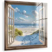 MuchoWow Glasschilderij 20x20 cm - Schilderij acrylglas - Doorkijk - Strand - Raam - Duinen - Zee - Foto op glas - Muurdecoratie woonkamer - Wanddecoratie slaapkamer - Schilderijen