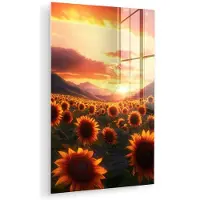 MuchoWow Glasschilderij 40x60 cm - Schilderij acrylglas - Zonnebloemen - Zonsondergang - Landschap - Foto op glas - Muurdecoratie woonkamer - Wanddecoratie slaapkamer - Schilderijen