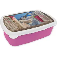 MuchoWow Broodtrommel Roze - Lunchbox Doorkijk - Santorini - Landschap - Blauw - Grieks - Brooddoos 18x12x6 cm - Brood lunch box - Broodtrommels voor kinderen en volwassenen