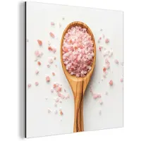 MuchoWow Aluminium schilderij 20x20 cm - Wanddecoratie metaal - Lepel - Zout - Roze - Metalen muurdecoratie woonkamer - Decoratie industrieel - Foto op dibond - Industriële accessoires slaapkamer