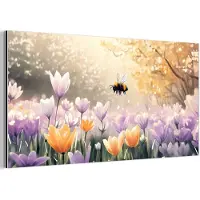 MuchoWow Aluminium schilderij 40x20 cm - Wanddecoratie metaal - Viooltjes - bij - Zonlicht - Metalen muurdecoratie woonkamer - Decoratie industrieel - Foto op dibond - Industriële accessoires slaapkamer