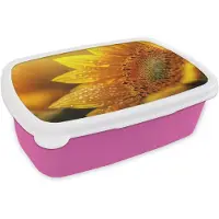 MuchoWow Broodtrommel Roze - Lunchbox Zonnebloem - Dauwdruppels - Geel - Zonlicht - Brooddoos 18x12x6 cm - Brood lunch box - Broodtrommels voor kinderen en volwassenen