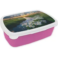 MuchoWow Broodtrommel Roze - Lunchbox Beekje - Landschap - Margriet - Brooddoos 18x12x6 cm - Brood lunch box - Broodtrommels voor kinderen en volwassenen