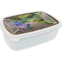 MuchoWow Broodtrommel Wit - Lunchbox Doorkijk - Tuin - Raam - Hortensia - Bloemen - Brooddoos 18x12x6 cm - Brood lunch box - Broodtrommels voor kinderen en volwassenen