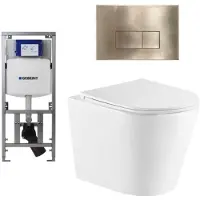 Geberit QeramiQ Dely Toiletset - 36.3x51.7cm - diepspoel - rimless - UP320 inbouwreservoir - met Burda frame - softclose toiletzitting - geborsteld messing bedieningsplaat - rechtehoekige knoppen -