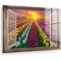 MuchoWow Glasschilderij 30x20 cm - Schilderij acrylglas - Doorkijk - Bloemen - Tulpen - Kleurrijk - Zonsondergang - Foto op glas - Muurdecoratie woonkamer - Wanddecoratie slaapkamer - Schilderijen