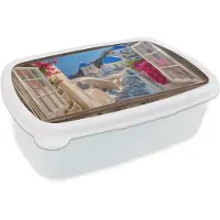 MuchoWow Broodtrommel Wit - Lunchbox Doorkijk - Santorini - Landschap - Blauw - Grieks - Brooddoos 18x12x6 cm - Brood lunch box - Broodtrommels voor kinderen en volwassenen