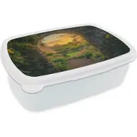 MuchoWow Broodtrommel Wit - Lunchbox Poort - Planten - Zonsondergang - Brooddoos 18x12x6 cm - Brood lunch box - Broodtrommels voor kinderen en volwassenen