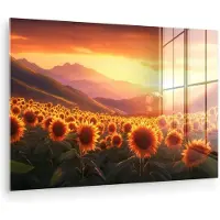 MuchoWow Glasschilderij 60x40 cm - Schilderij acrylglas - Zonnebloemen - Zonsondergang - Landschap - Foto op glas - Muurdecoratie woonkamer - Wanddecoratie slaapkamer - Schilderijen