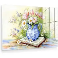 MuchoWow Glasschilderij 90x60 cm - Schilderij acrylglas - Vaas - Delftsblauw - Madeliefjes - Foto op glas - Muurdecoratie woonkamer - Wanddecoratie slaapkamer - Schilderijen