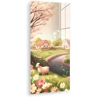 MuchoWow Glasschilderij 40x80 cm - Schilderij acrylglas - Schapen - Huisje - Platteland - Foto op glas - Muurdecoratie woonkamer - Wanddecoratie slaapkamer - Schilderijen