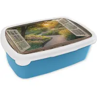 MuchoWow Broodtrommel Blauw - Lunchbox Doorkijk - Bloemen - Natuur - Zon - Pad - Brooddoos 18x12x6 cm - Brood lunch box - Broodtrommels voor kinderen en volwassenen