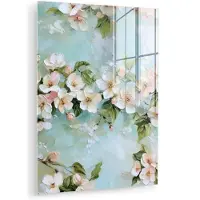 MuchoWow Glasschilderij 30x40 cm - Schilderij acrylglas - Bloesem - Bladeren - Lichtblauw - Foto op glas - Muurdecoratie woonkamer - Wanddecoratie slaapkamer - Schilderijen
