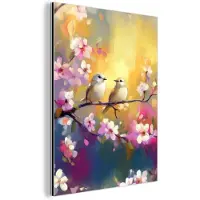 MuchoWow Aluminium schilderij 90x120 cm - Wanddecoratie metaal - Vogels - Bloemen - Roze - Metalen muurdecoratie woonkamer - Decoratie industrieel - Foto op dibond - Industriële accessoires slaapkamer