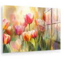 MuchoWow Glasschilderij 30x20 cm - Schilderij acrylglas - Tulpen - Sprookjesachtig - Kleurrijk - Foto op glas - Muurdecoratie woonkamer - Wanddecoratie slaapkamer - Schilderijen