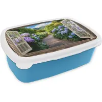 MuchoWow Broodtrommel Blauw - Lunchbox Doorkijk - Hortensia - Pad - Natuur - Brooddoos 18x12x6 cm - Brood lunch box - Broodtrommels voor kinderen en volwassenen