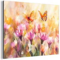 MuchoWow Aluminium schilderij 40x30 cm - Wanddecoratie metaal - Vlinders - Oranje - Bloemen - Metalen muurdecoratie woonkamer - Decoratie industrieel - Foto op dibond - Industriële accessoires slaapkamer