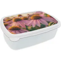 MuchoWow Broodtrommel Wit - Lunchbox Bloemen - Paars - Bijen - Brooddoos 18x12x6 cm - Brood lunch box - Broodtrommels voor kinderen en volwassenen