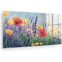 MuchoWow Glasschilderij 40x20 cm - Schilderij acrylglas - Weide - Bloemen - Kleurrijk - Foto op glas - Muurdecoratie woonkamer - Wanddecoratie slaapkamer - Schilderijen