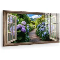 MuchoWow Glasschilderij 120x60 cm - Schilderij acrylglas - Doorkijk - Hortensia - Pad - Natuur - Foto op glas - Muurdecoratie woonkamer - Wanddecoratie slaapkamer - Schilderijen