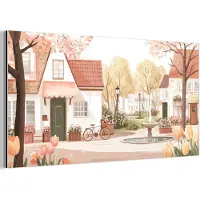 MuchoWow Aluminium schilderij 40x20 cm - Wanddecoratie metaal - Dorpsplein - Fontein - Tulpen - Metalen muurdecoratie woonkamer - Decoratie industrieel - Foto op dibond - Industriële accessoires slaapkamer
