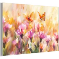 MuchoWow Aluminium schilderij 180x120 cm - Wanddecoratie metaal - Vlinders - Oranje - Bloemen - Metalen muurdecoratie woonkamer - Decoratie industrieel - Foto op dibond - Industriële accessoires slaapkamer