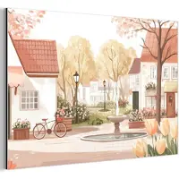 MuchoWow Aluminium schilderij 120x80 cm - Wanddecoratie metaal - Dorpsplein - Fontein - Tulpen - Metalen muurdecoratie woonkamer - Decoratie industrieel - Foto op dibond - Industriële accessoires slaapkamer