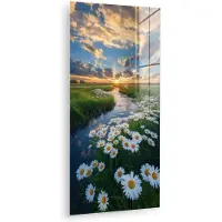 MuchoWow Glasschilderij 20x40 cm - Schilderij acrylglas - Beekje - Landschap - Margriet - Foto op glas - Muurdecoratie woonkamer - Wanddecoratie slaapkamer - Schilderijen