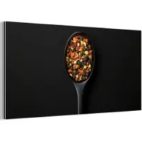 MuchoWow Aluminium schilderij 40x20 cm - Wanddecoratie metaal - Kruiden - Zwart - Lepel - Metalen muurdecoratie woonkamer - Decoratie industrieel - Foto op dibond - Industriële accessoires slaapkamer