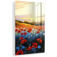 MuchoWow Glasschilderij 120x180 cm - Schilderij acrylglas - Klaproos - Bloemenveld - Kleurrijk - Foto op glas - Muurdecoratie woonkamer - Wanddecoratie slaapkamer - Schilderijen