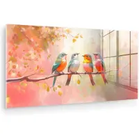 MuchoWow Glasschilderij 80x40 cm - Schilderij acrylglas - Vogels - Kleurrijk Tak - Foto op glas - Muurdecoratie woonkamer - Wanddecoratie slaapkamer - Schilderijen