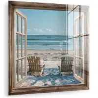 MuchoWow Glasschilderij 20x20 cm - Schilderij acrylglas - Doorkijk - Strandstoelen - Duinen - Zee - Natuur - Foto op glas - Muurdecoratie woonkamer - Wanddecoratie slaapkamer - Schilderijen