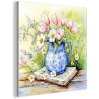 MuchoWow Aluminium schilderij 20x20 cm - Wanddecoratie metaal - Vaas - Delftsblauw - Madeliefjes - Metalen muurdecoratie woonkamer - Decoratie industrieel - Foto op dibond - Industriële accessoires slaapkamer