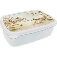 MuchoWow Broodtrommel Wit - Lunchbox Takken - Bloemen - Vogeltjes - Roze - Brooddoos 18x12x6 cm - Brood lunch box - Broodtrommels voor kinderen en volwassenen
